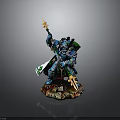 Detailed Armored Man Figure Holding Flaming Weapon in Standing Pose