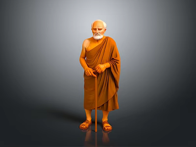Elderly Man In Brown Robe Holding Walking Stick Standing Against Gray Background 3d model