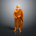 Elderly Man In Brown Robe Holding Walking Stick Standing Against Gray Background