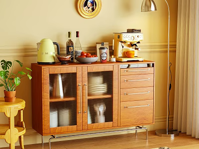 Wooden Sideboard with Glass Doors Storing Dishes Topped with Coffee Machine Fruits and Kettle 3d model
