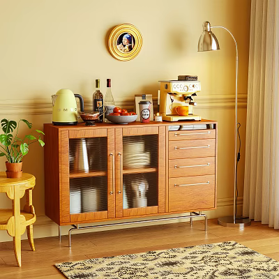 Wooden Sideboard with Glass Doors Storing Dishes Topped with Coffee Machine Fruits and Kettle 3d model