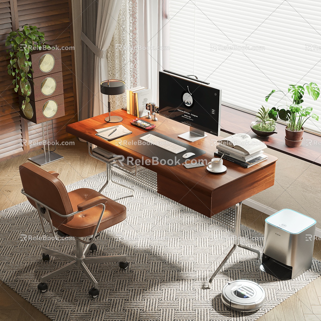 Modern Middle Ancient Study Retro Desk and Chair Combination Home Office Desk and Chair Leisure Chair Desktop Office Jewelry Bookcase Books Computer Desk Lamp Carpet Potted Plant Combination 3d model