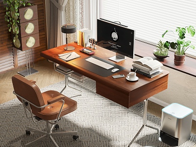 Modern Middle Ancient Study Retro Desk and Chair Combination Home Office Desk and Chair Leisure Chair Desktop Office Jewelry Bookcase Books Computer Desk Lamp Carpet Potted Plant Combination 3d model