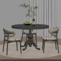 Modern Round Dining Table And Chair Set With Vase Fruit Curtains And Green Plant