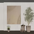 Minimalist Interior With Beige Textured Painting Olive Tree Small Wooden Stool And Potted Plant