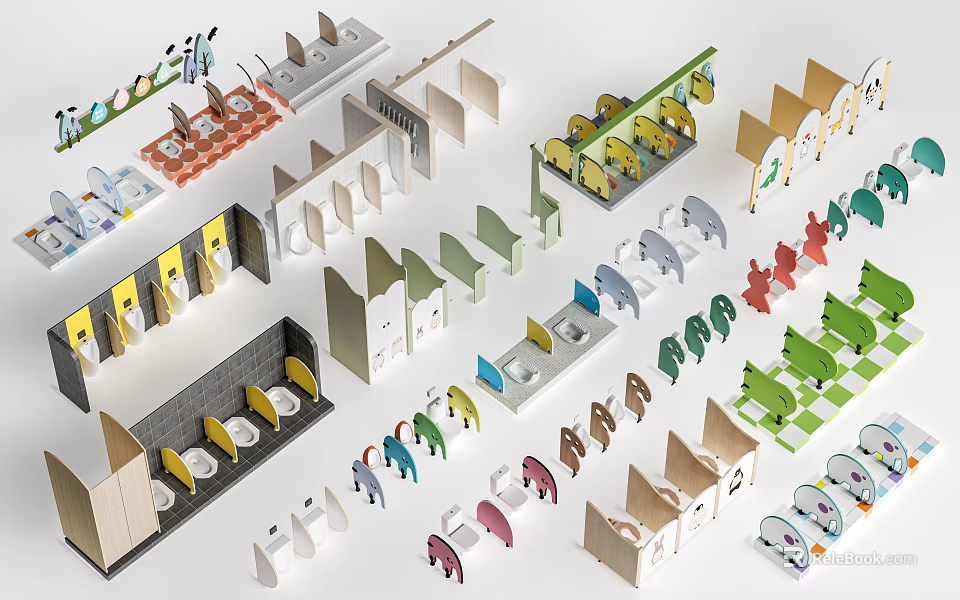 Modern Public Toilet With Various Colored Stalls And Multiple Wash Basin Designs 3d model 