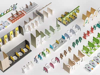 Modern Public Toilet With Various Colored Stalls And Multiple Wash Basin Designs 3d model