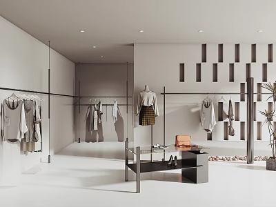 Modern Clothing Store Interior With Hanging Apparel Mannequins Display Table And Plants 3d model