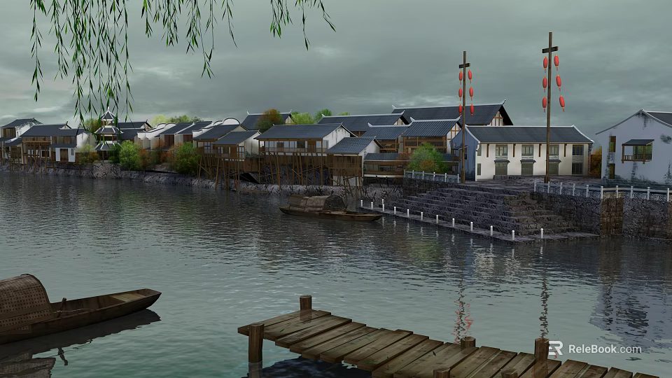 Ancient Architecture Riverside Scene With Wooden Plank Road Small Boats And Willow Trees 3d model 