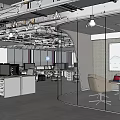 Modern Public Office Space Interior Design With Open Layout Glass Partitions Pendant Lights And Whiteboard