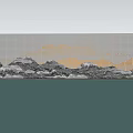 Landscape Feature Wall with Mountain Water Design and Reflection on Calm Water under Blue Sky