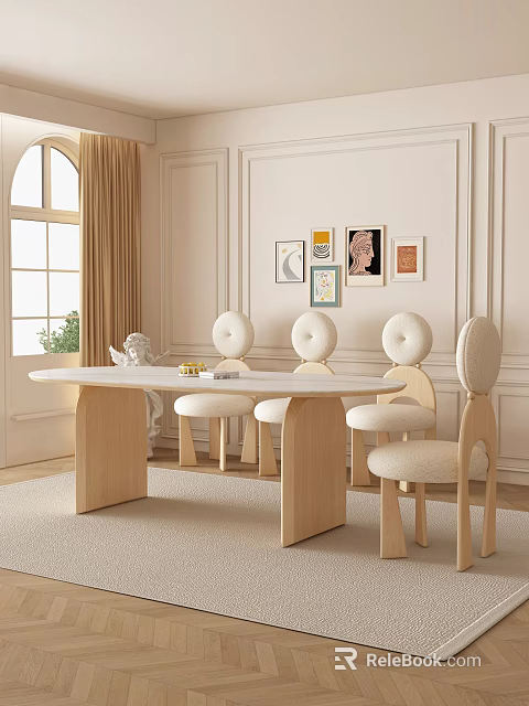 Modern Minimalist Dining Table Set With White Tabletop Wooden Frame And Upholstered Chairs 3d model 