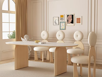 Modern Minimalist Dining Table Set With White Tabletop Wooden Frame And Upholstered Chairs 3d model