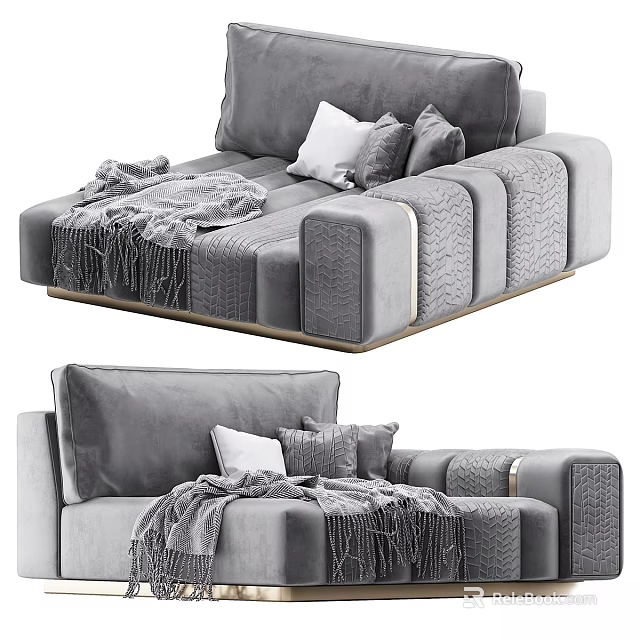 Modern Grey Fabric Sofa Bench With Soft Cushions Fringed Throw And Stitched Details 3d model 