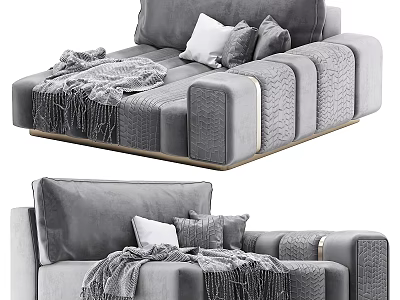 Modern Grey Fabric Sofa Bench With Soft Cushions Fringed Throw And Stitched Details 3d model