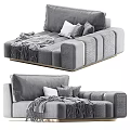 Modern Grey Fabric Sofa Bench With Soft Cushions Fringed Throw And Stitched Details
