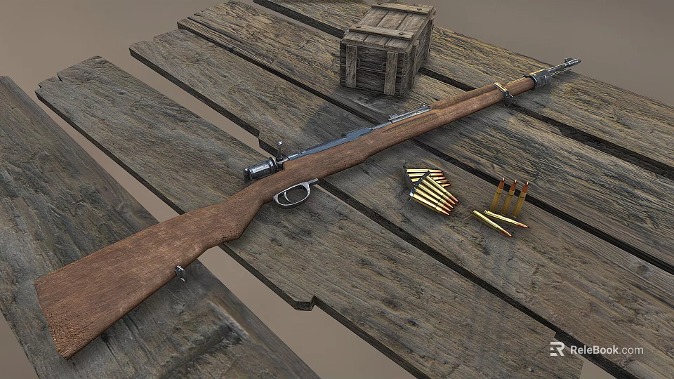 Vintage Bolt Action Rifle On Wooden Surface With Wooden Crate Bullet Bandolier And Loose Bullets 3d model 