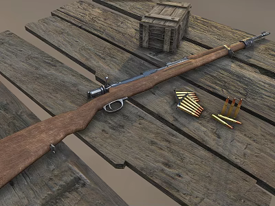 Vintage Bolt Action Rifle On Wooden Surface With Wooden Crate Bullet Bandolier And Loose Bullets 3d model