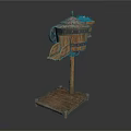 Vintage Style Wooden Birdhouse Building Featuring Wheel Decoration Grass Roof And Square Base