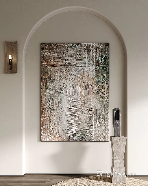 Abstract Painting Hanging On Wall With Wall Lamp And Sculpture Decor 3d model 