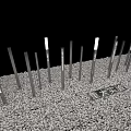 Modern Art Installation With Silver Vertical Pillars And White Segments On Pebbles 3d model