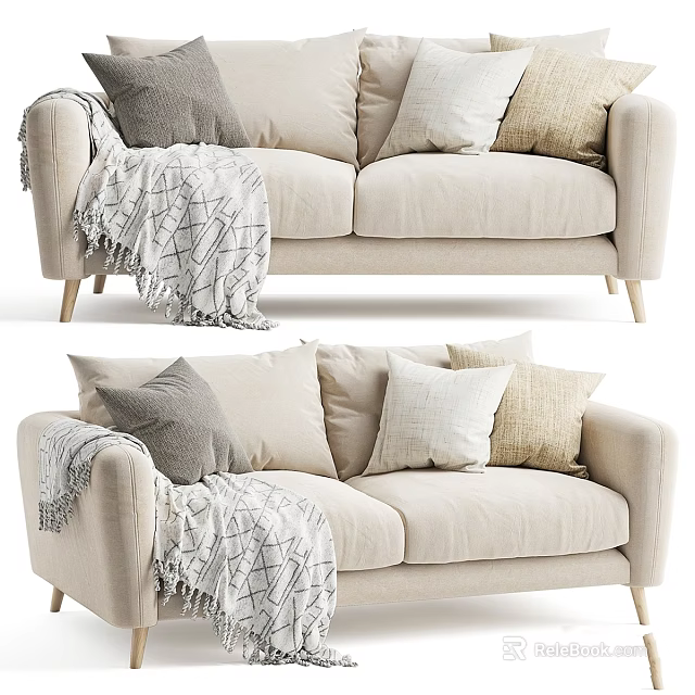 Soft Cozy Beige Sofa With Throw Pillows And Geometric Pattern Blanket 3d model