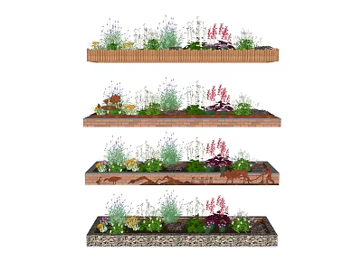 Various Ground Cover Plant Designs With Wooden Brick And Stone Borders And Colorful Foliage 3d model