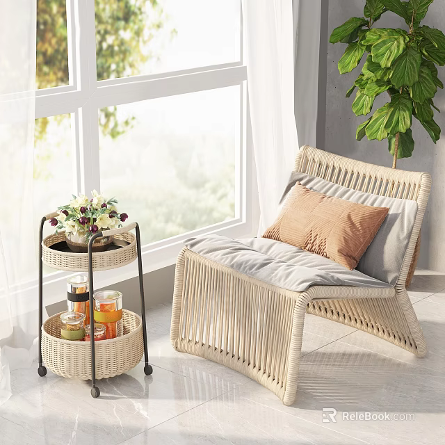 Rattan Outdoor Table by Window with Side Cart Flowers Drinks and Green Plants 3d model 