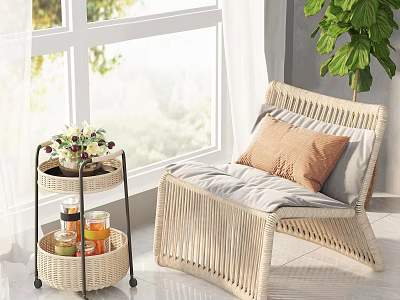 Rattan Outdoor Table by Window with Side Cart Flowers Drinks and Green Plants 3d model