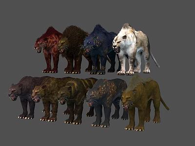Colorful 3D Lion Models With Various Fur Colors And Dynamic Poses For Design 3d model