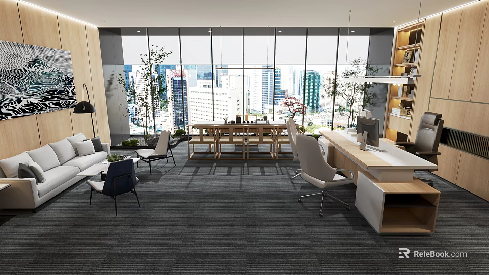 Modern Office Open Layout With Large Windows City View Sofa Desk And Plants 3d model