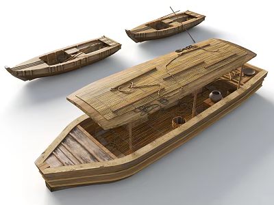 Traditional Wooden Boats With Three Different Sizes And Wooden Canopy Rope Details Design 3d model