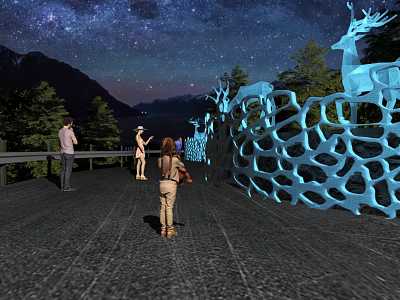 Blue Hollow Sculpture Carving With Deer Design Under Starry Sky Near Mountains And Trees 3d model
