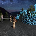 Blue Hollow Sculpture Carving With Deer Design Under Starry Sky Near Mountains And Trees