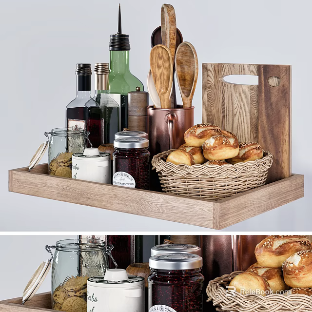 Kitchen Utensils Display On Wooden Tray With Jars Bread Basket And Spoons 3d model 