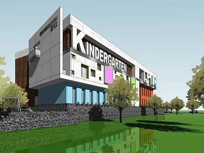 Modern Kindergarten Building With Colorful Facade Green Outdoor Space And Trees 3d model