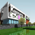 Modern Kindergarten Building With Colorful Facade Green Outdoor Space And Trees