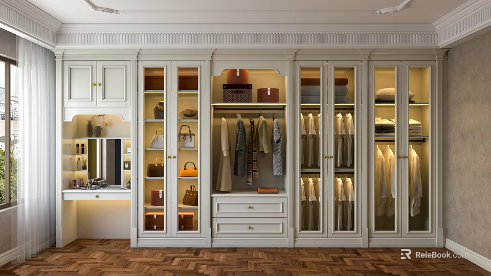 Luxurious Wardrobe Interior With Glass Doors Storage Shelves Hanging Clothes And Handbags 3d model 