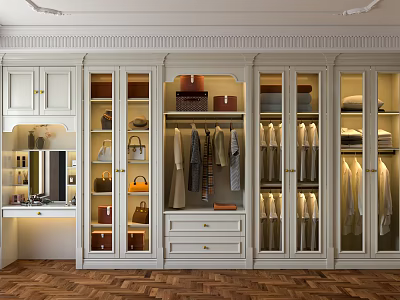 Luxurious Wardrobe Interior With Glass Doors Storage Shelves Hanging Clothes And Handbags 3d model