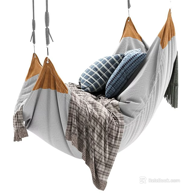 Cozy Gray Hammock Chair Cotton Linen With Blue Plaid Pillows Brown Trim And Hanging Rope 3d model 