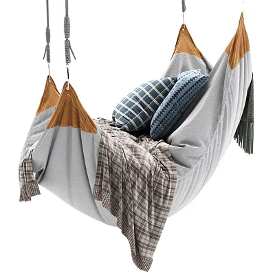 Cozy Gray Hammock Chair Cotton Linen With Blue Plaid Pillows Brown Trim And Hanging Rope 3d model