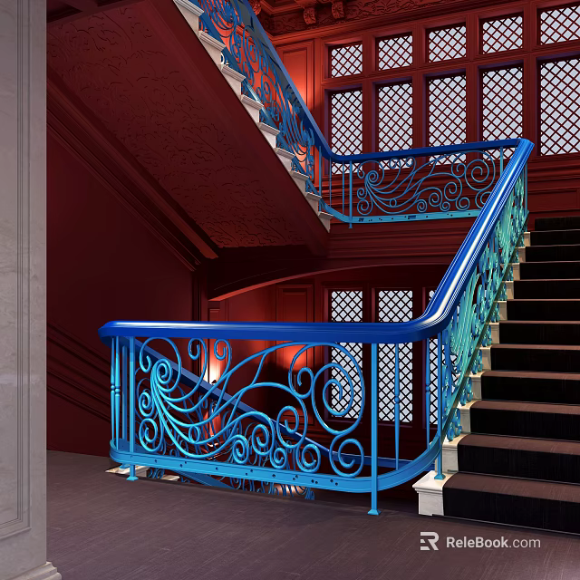 Elegant Staircase With Blue Ornate Scroll Railing Black Steps And Lattice Windows 3d model