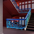 Elegant Staircase With Blue Ornate Scroll Railing Black Steps And Lattice Windows 3d model