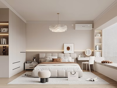 Modern Bedroom Interior With Large Bed Nightstand Pendant Light Desk Chair Bookshelves Blinds And Rug 3d model
