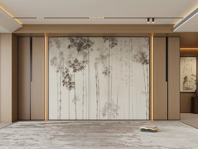 Elegant Modern Living Room Interior With Bamboo Mural Wooden Elements And Rug 3d model