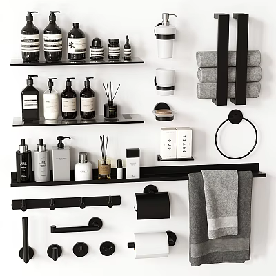 Modern Minimalist Bathroom Accessories With Bottles Towel Rack Soap Dish And Towels 3d model