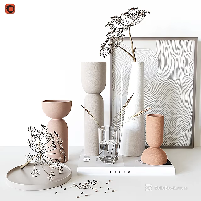 Modern Decorative Ornament Set With Various Vases Plant Branches And Artwork 3d model 