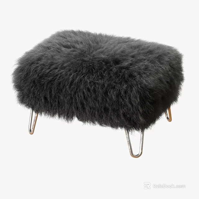 Black Fluffy Sofa Stool With Sturdy Metal Legs For Living Room Decor 3d model 