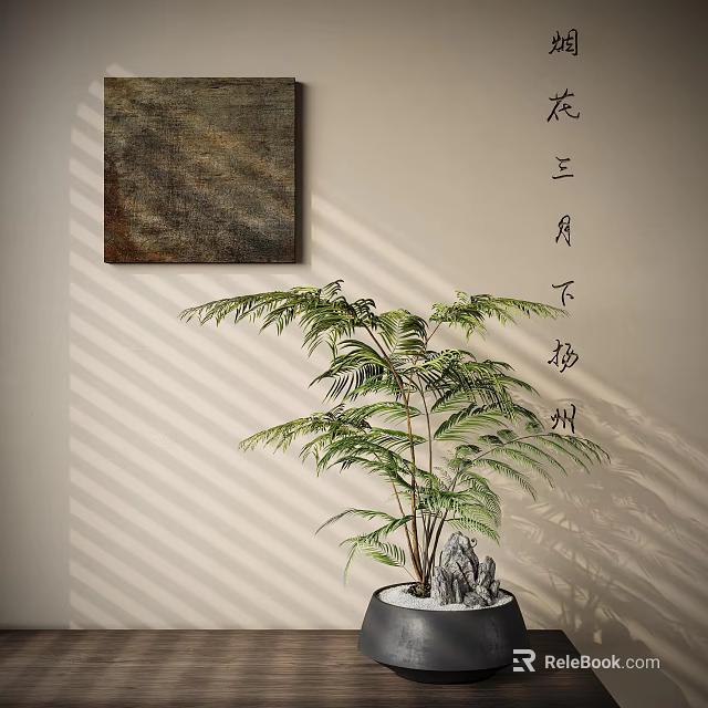 Bonsai Fern Plant in Black Pot with Stones Against Wall with Hanging Painting and Shadows 3d model 