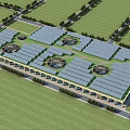 Modern Industrial Factory With Solar Panel Roofs And Green Grass Surroundings